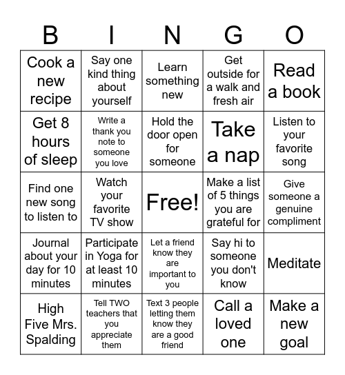 Sources of Strength Gratitude Bingo Card