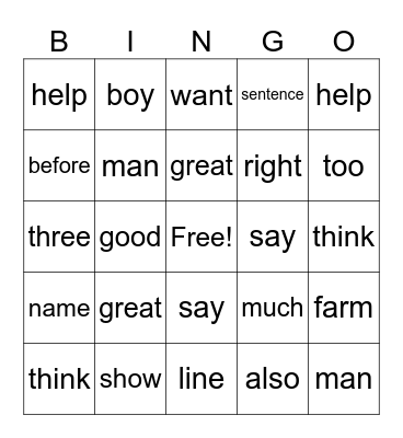 Fry 121-140 Bingo Card