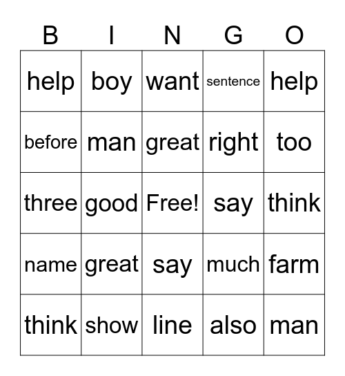 Fry 121-140 Bingo Card