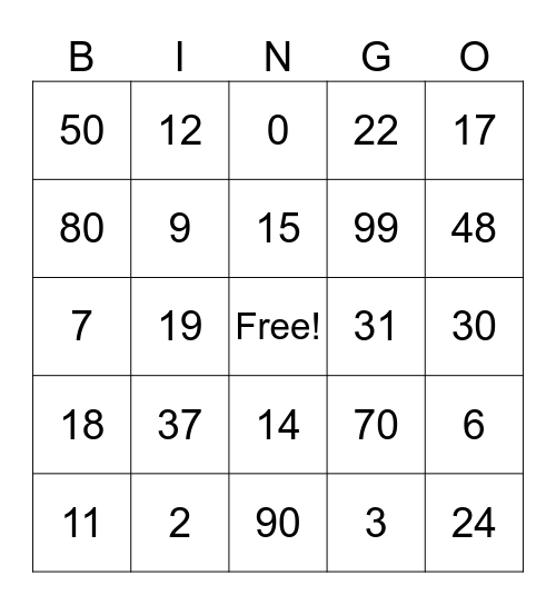 Numeros Bingo Card