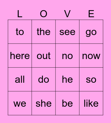 Heart Word Bingo Card