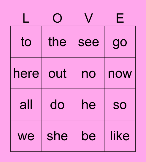Heart Word Bingo Card