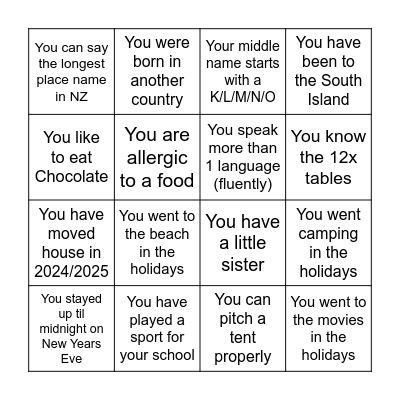 Get to know you BINGO Card