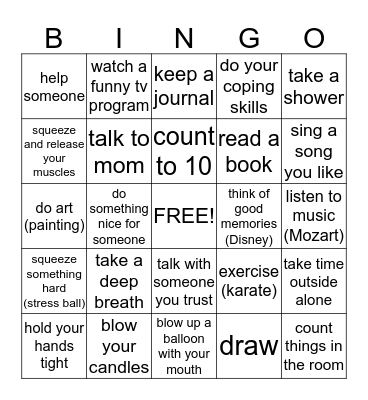 Coping Skills Bingo Card