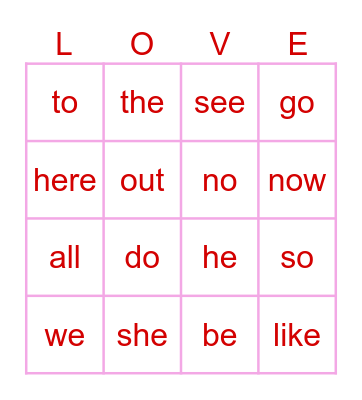 Heart Word Scavenger Hunt Bingo Card
