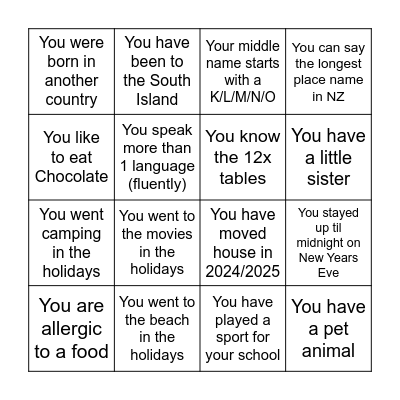 Get to know you BINGO Card