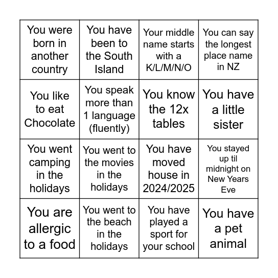 Get to know you BINGO Card