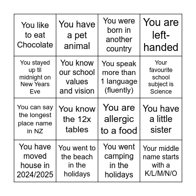 Get to know you BINGO Card