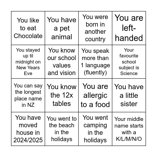Get to know you BINGO Card