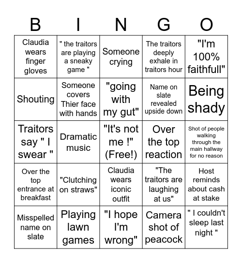 Traitors 2025 Bingo Card