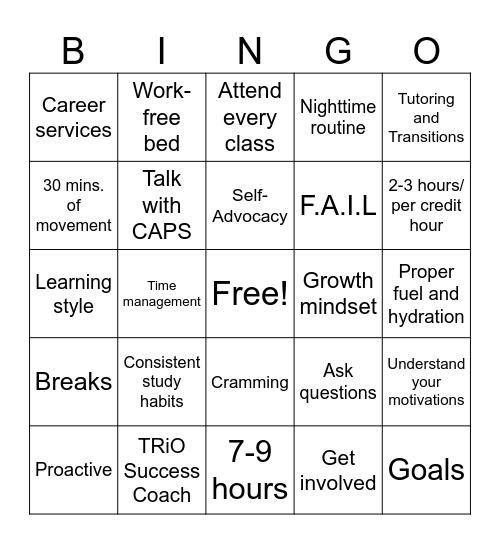 Health and Wellness for Success Bingo Card