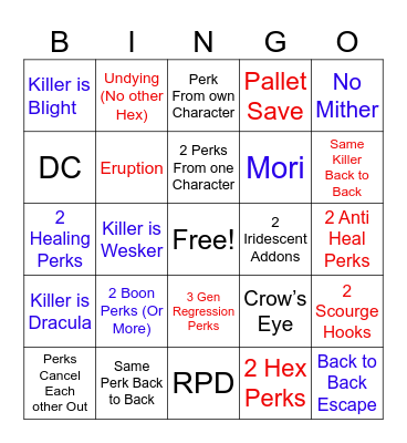 DbD Chaos Shuffle Bingo Card