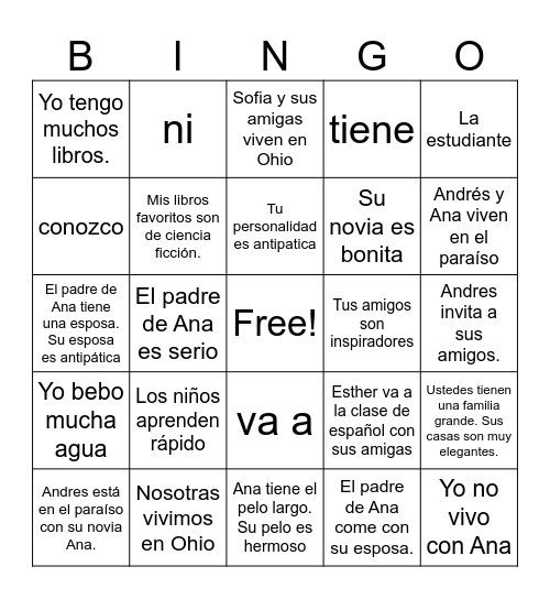 La Familia perfecta- adjetivos posesivos y verbos -er e -ir Bingo Card