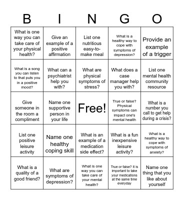 Mental Health Recovery Bingo Card