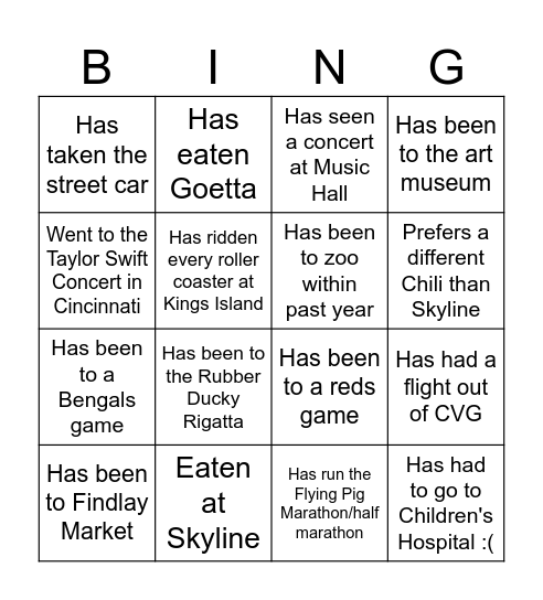 Cincinnati Bingo Card