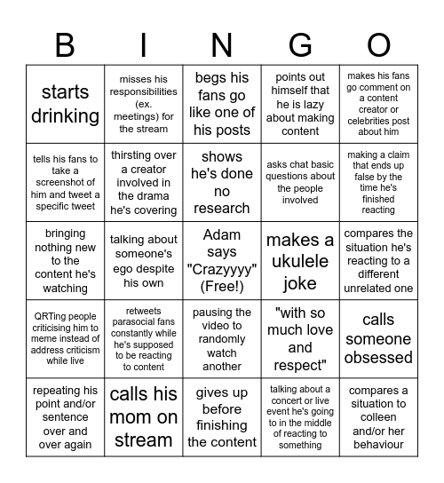 Adam McIntyre Livestream Bingo Card