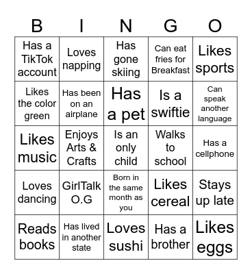 Teen Girl Bingo Card
