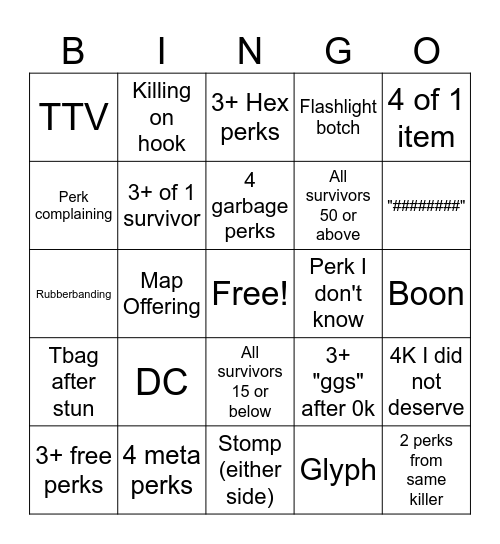 DBD Chaos shuffle Bingo Card