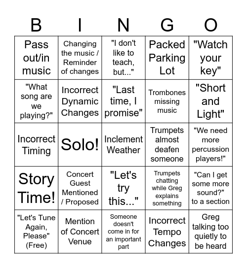 Highland Community Band Bingo Card