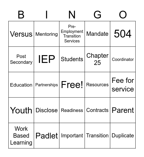 Transition and Pre-ETS Bingo Card