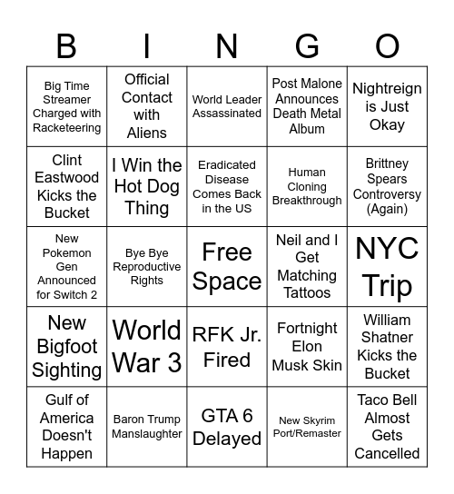 2025 Bingo Card Bingo Card