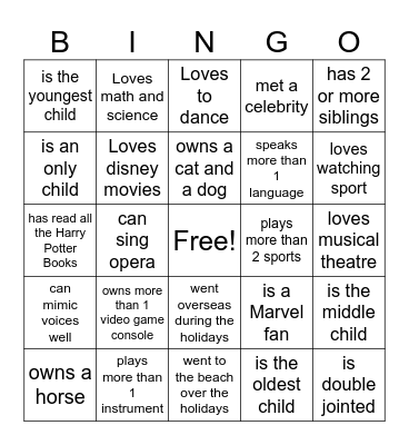 What do you know about your Classmates? Bingo Card