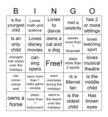 What do you know about your Classmates? Bingo Card