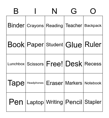 School Bingo Card