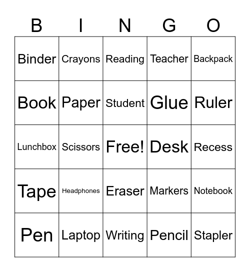 School Bingo Card