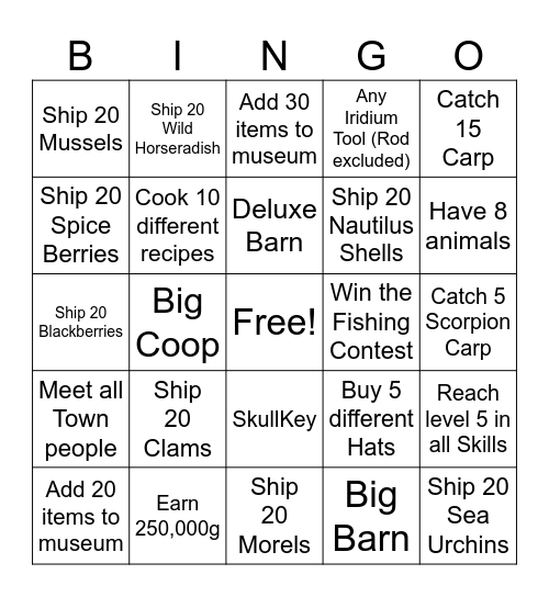 Stardew Valley Bingo Card