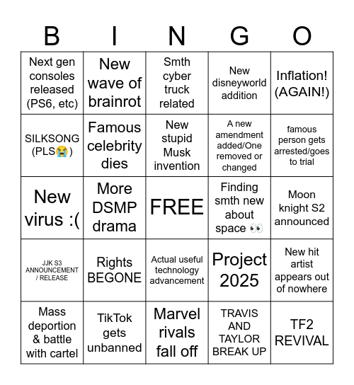STARS 2025 PREDICTION Bingo Card