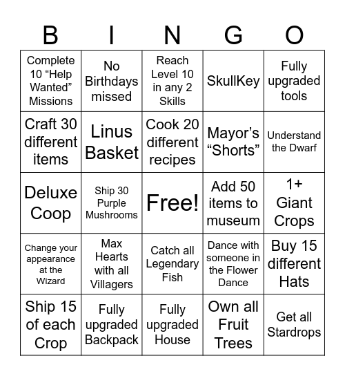Stardew Valley Bingo Card