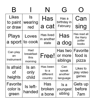 Classroom Bingo Card