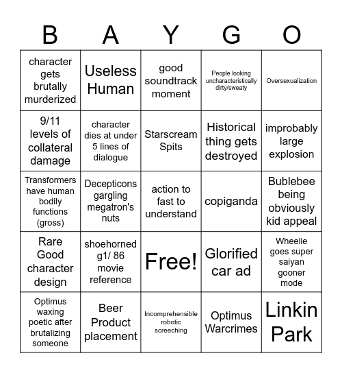bay movie bingo Card
