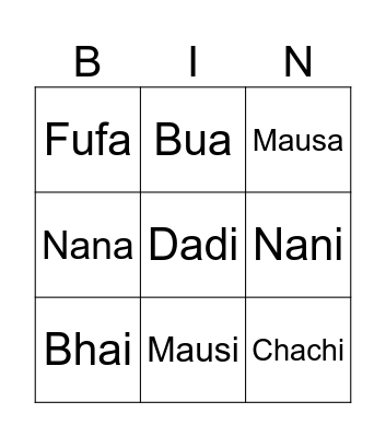 Family Relations Bingo Card