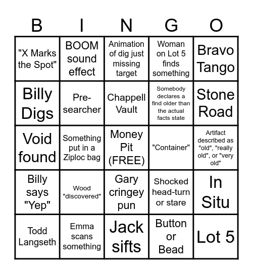 Curse of Oak Island Bingo Card