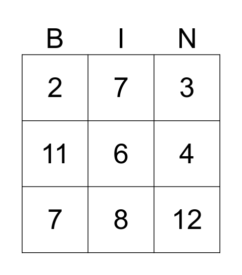 "Addition Bingo" Bingo Card