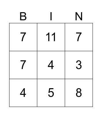 Dice Addition Bingo Card