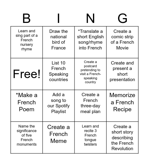 French Bingo! Bingo Card