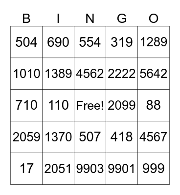 Place Value Bingo Card
