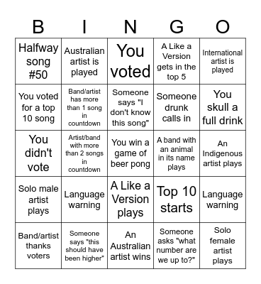 Hottest 100 Bingo Card