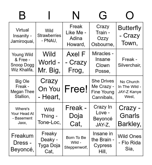 BINGO: WILD CRAZY FREAKY Bingo Card