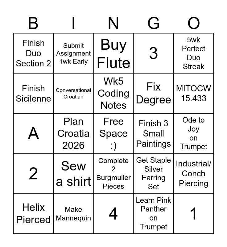 Jess' 2025 Resolutions Bingo Card