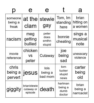 Family Guy Bingo Card