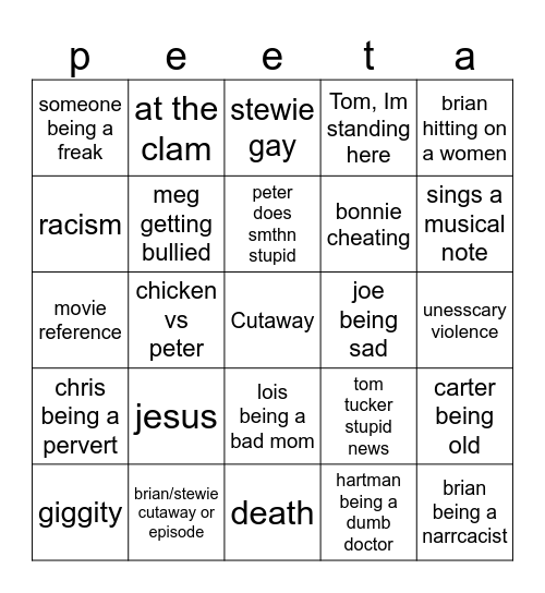 Family Guy Bingo Card
