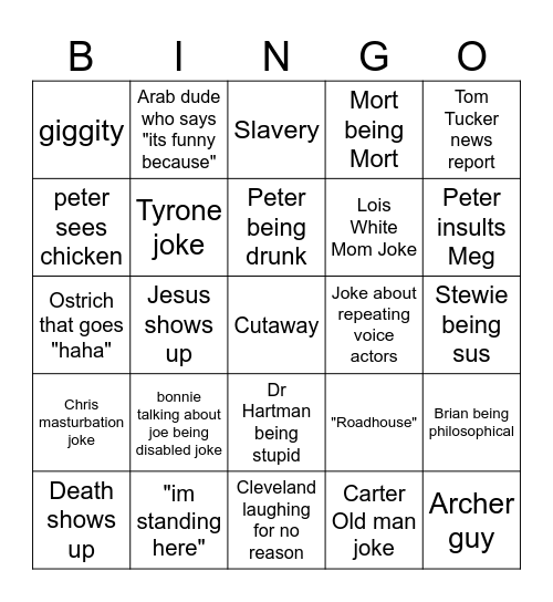 Family Guy Bingo Card