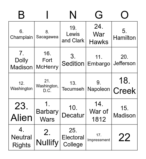Jefferson Era! Bingo Card