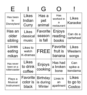 English Cafe Bingo Card