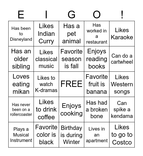 English Cafe Bingo Card