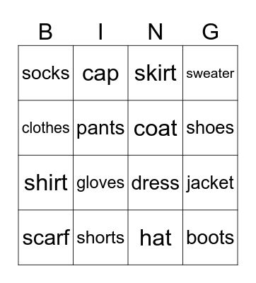 Clothes in English Bingo Card